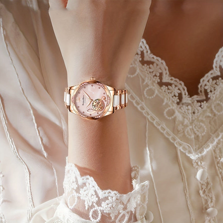 Women's Rose Gold Mechanical Skeleton Watch – Pink Dial, Roman Numerals, Hand-Winding Dress Watch
