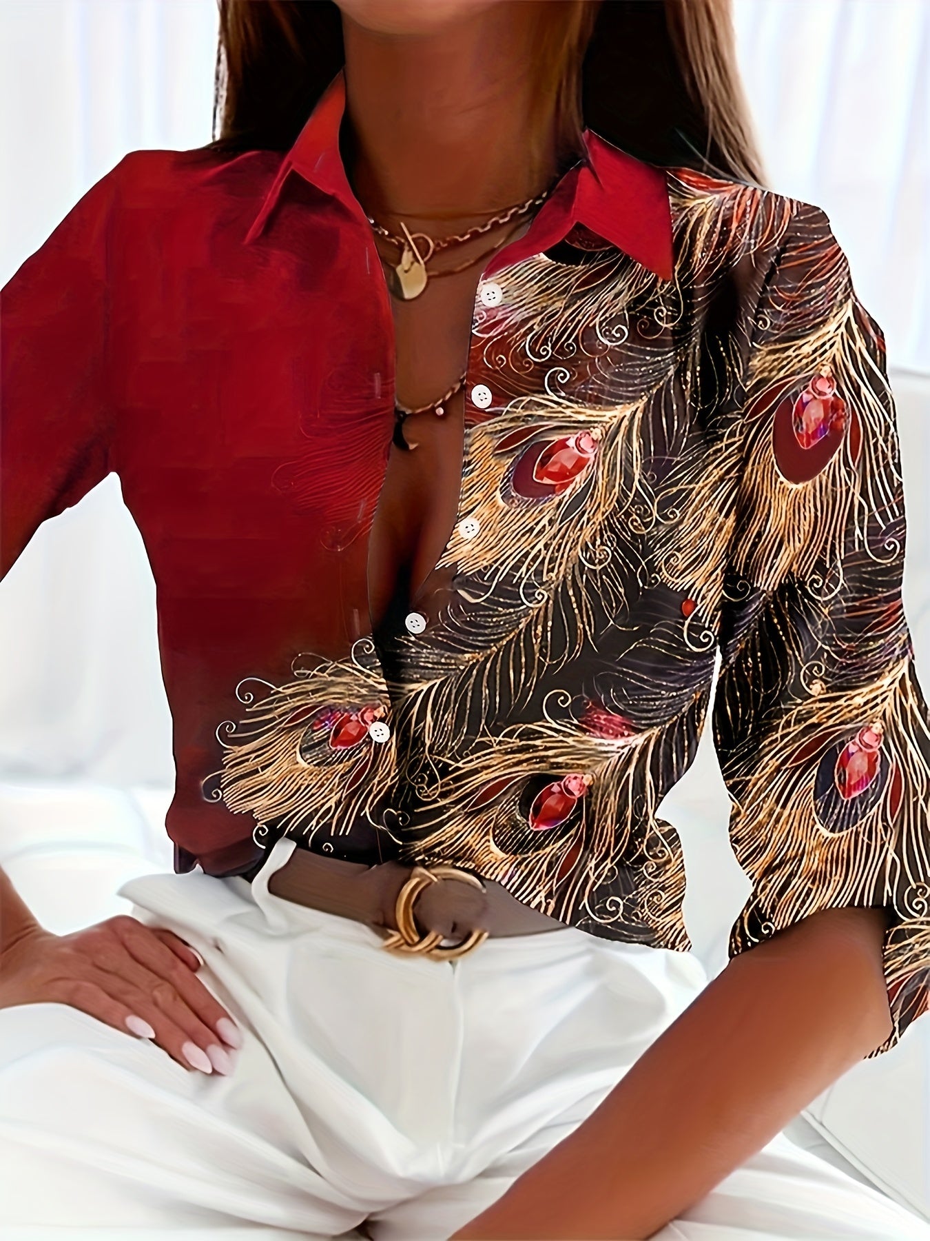 Women's Peacock Print Button-Front Blouse - Turquoise with Gold Buttons, Lapel Collar, All-Season Office & Party Top