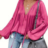 Women's Red V-Neck Long Sleeve Blouse — Elegant Office & Party Top, Machine Washable