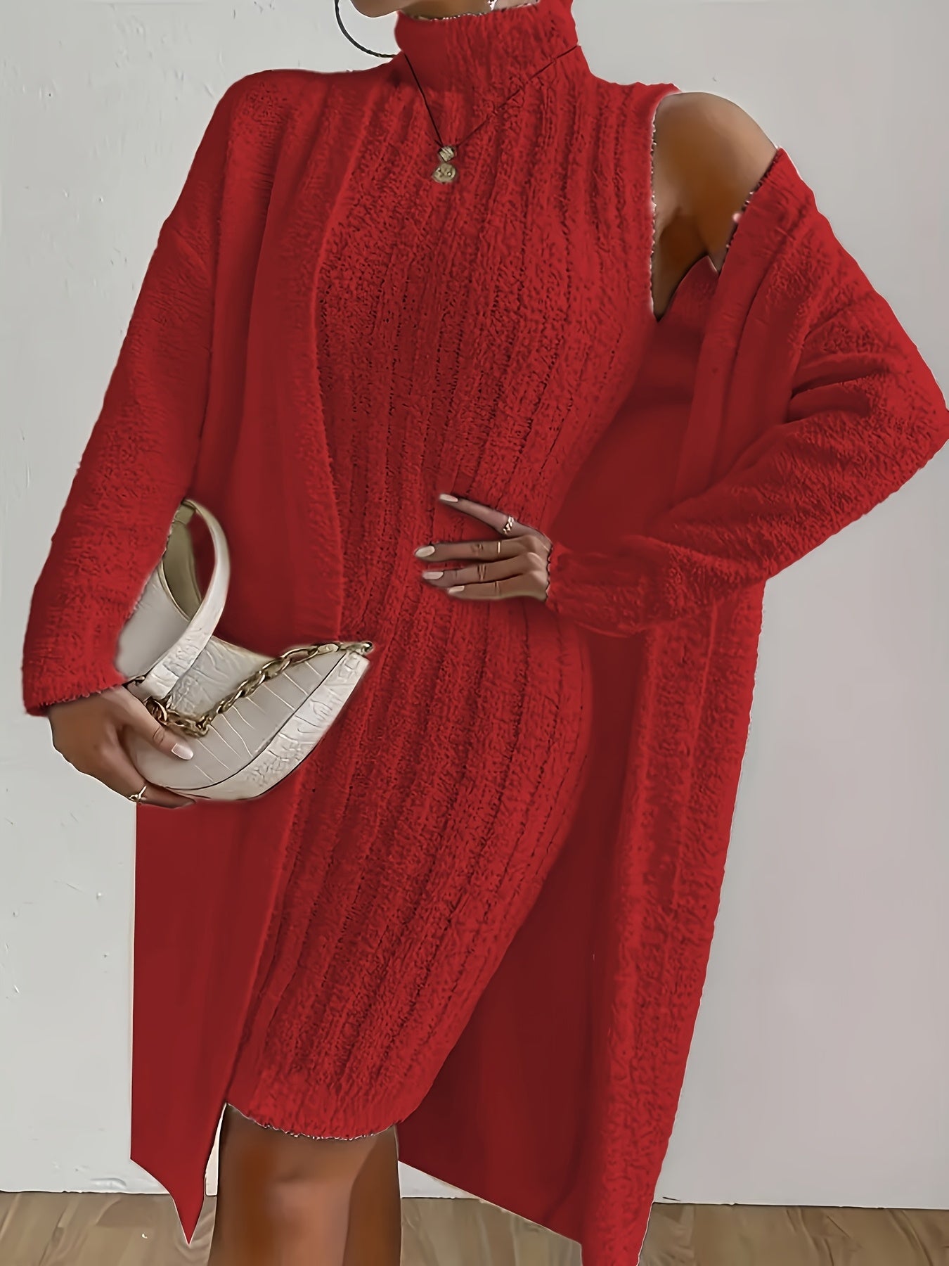 Plus Size Cozy Teddy Bear Sweater Dress & Strapless Cardigan Set - Red Ribbed Knit Two-Piece for Fall/Winter