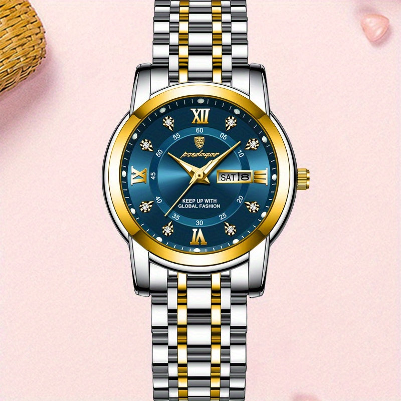 POEDAGAR Women's Elegant Mechanical Watch - Round Dial, Gold-Tone Hands, Stainless Steel Bracelet, Dual Day & Month Display, Jewelry-Style Wristwatch for Everyday & Formal Wear