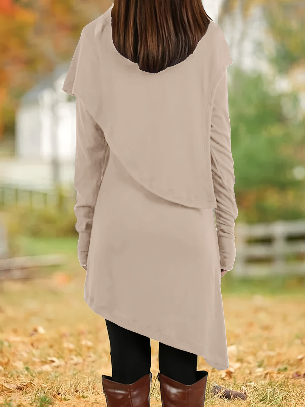 Women's Asymmetrical High-Neck Long Sleeve Tunic Dress, Knit Polyester Pencil Skirt, All-Season Casual