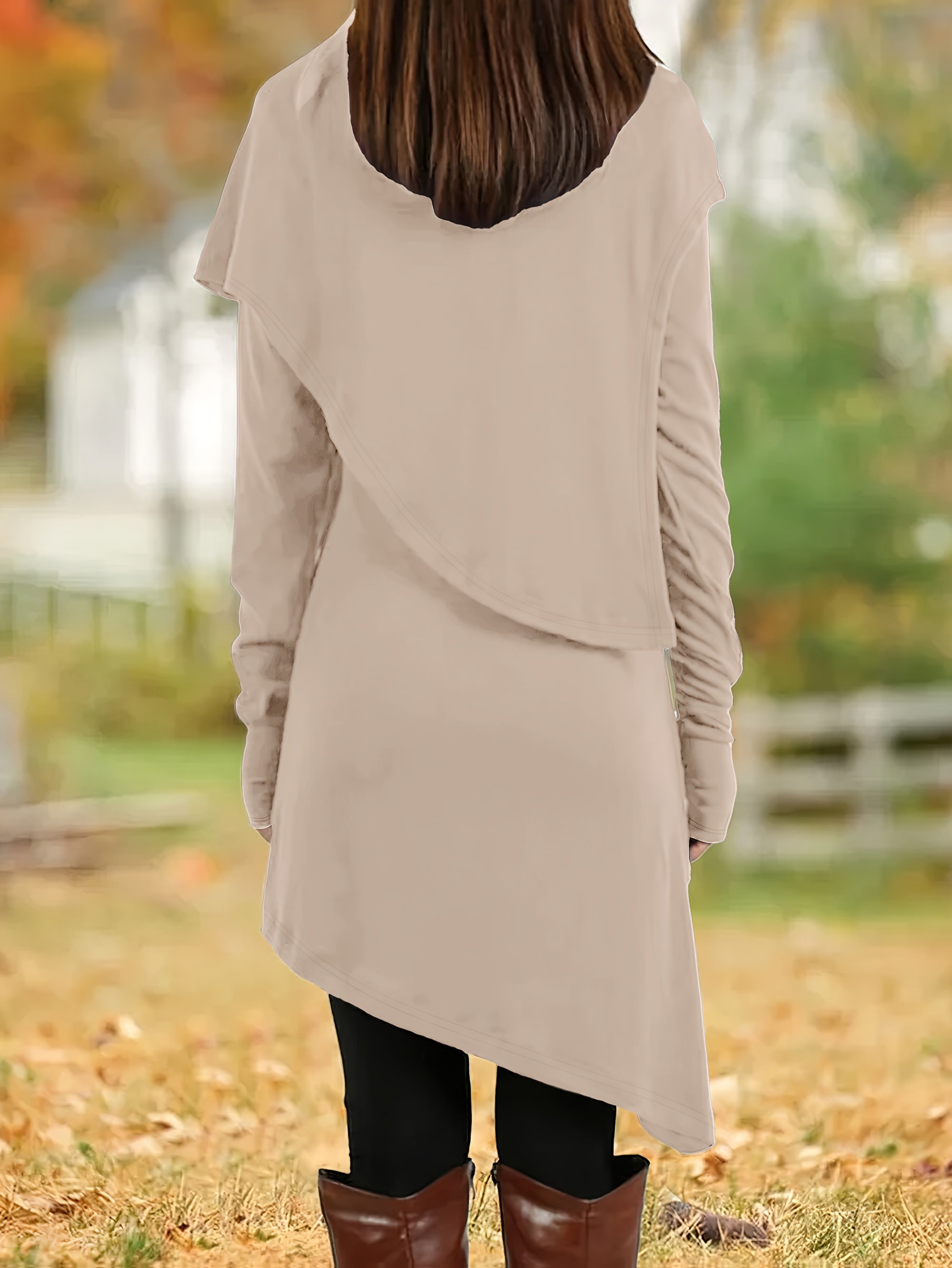 Women's Asymmetrical High-Neck Long Sleeve Tunic Dress, Knit Polyester Pencil Skirt, All-Season Casual