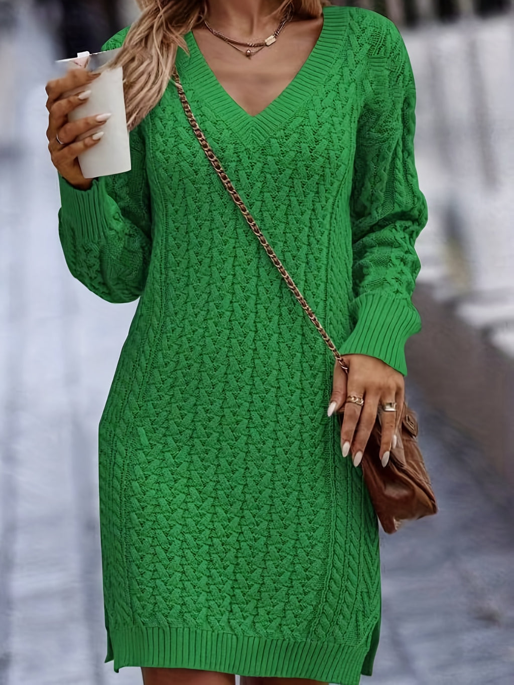 Women's V-Neck Cable Knit Midi Sweater Dress - Soft Pink Long Sleeve Bodycon, All-Season Office and Casual