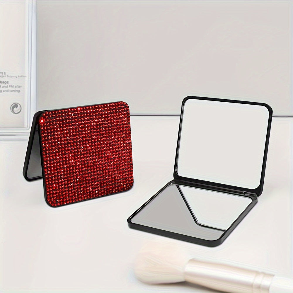Sparkling Rhinestone Folding Compact Makeup Mirror - Dual-Sided Square Pocket Mirror for Purse & Handbag, Battery-Free