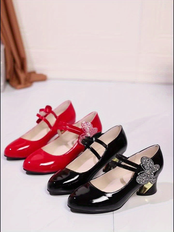 Women's Red Mary Jane Heels with Sparkling Bow & Rhinestone Accent — Chunky Block Heel, Round Toe, Synthetic Upper & Rubber Sole