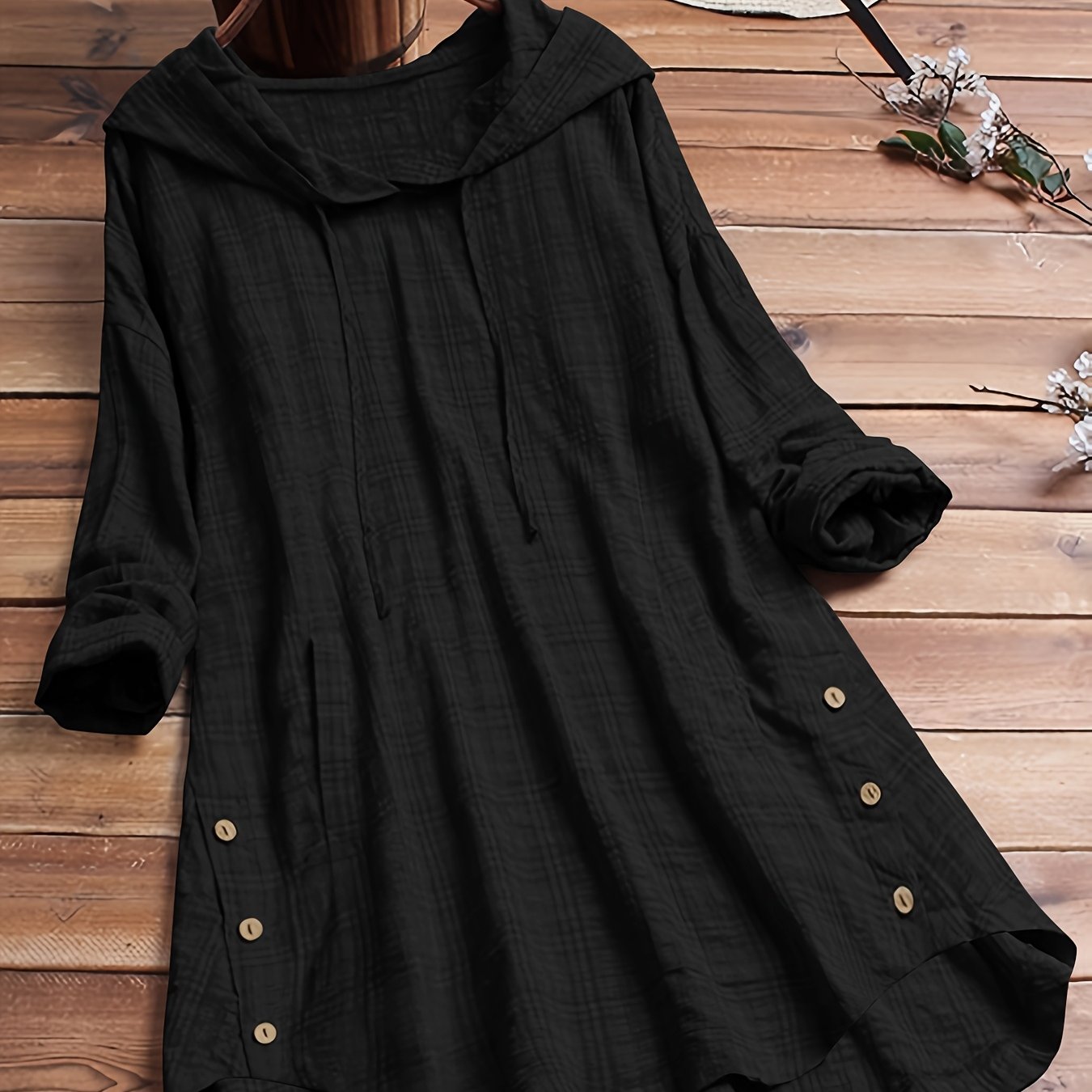 Women's Asymmetrical Plaid Hooded Shirt – Long-Sleeve Drawstring Waist-Tie Casual Blouse