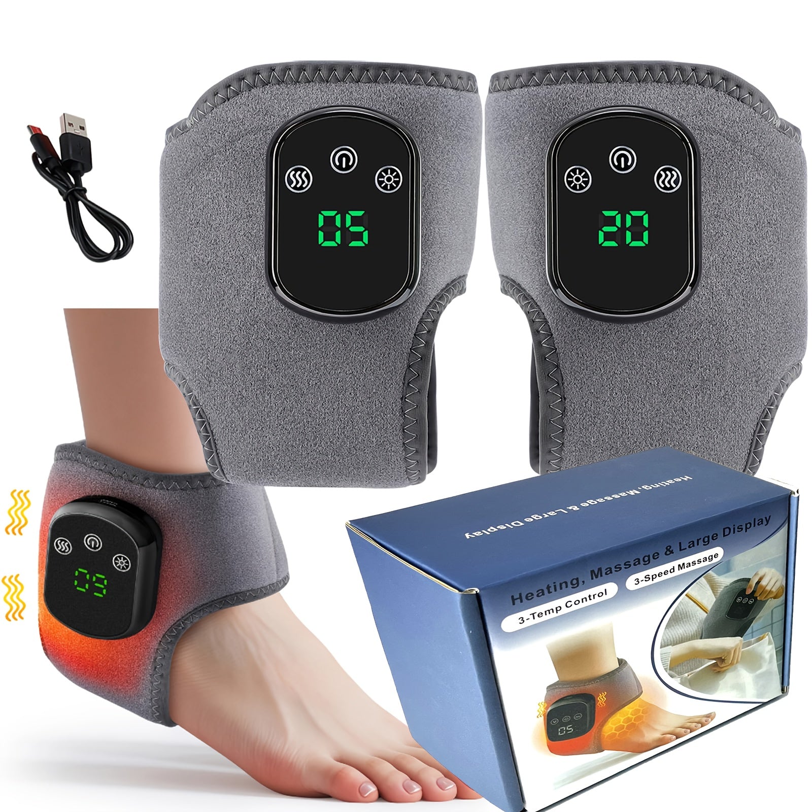 Adjustable Wireless Ankle Massager with Heat & Vibration – Rechargeable Temperature Sensing Timer, Unisex Gift