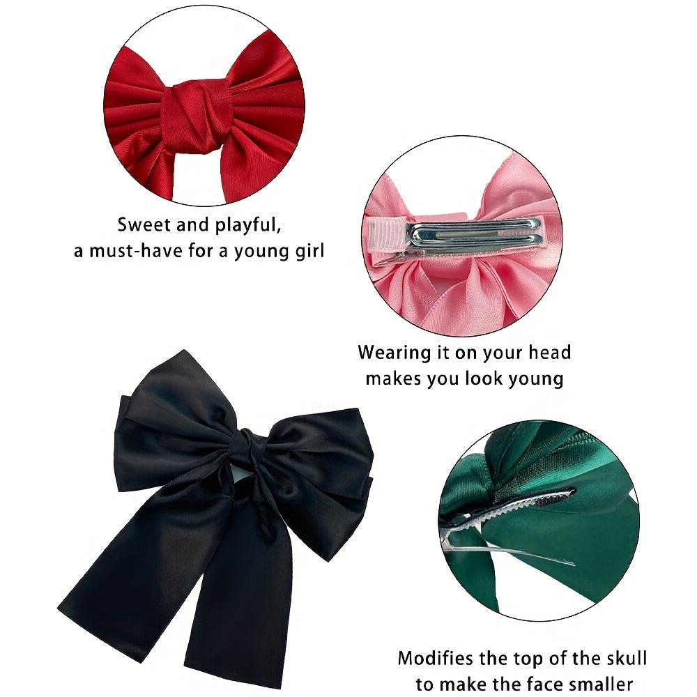 5-Pack Satin Fabric Bow Hair Clips for Women & Teens – Solid Color Crocodile Clip Set, Elegant Christmas Hair Bows