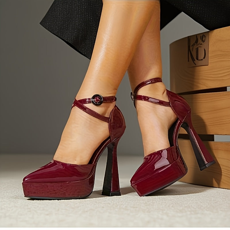 Women's Burgundy Platform High Heels - Open Toe Ankle Strap Block Heel Mary Jane for Party & Formal