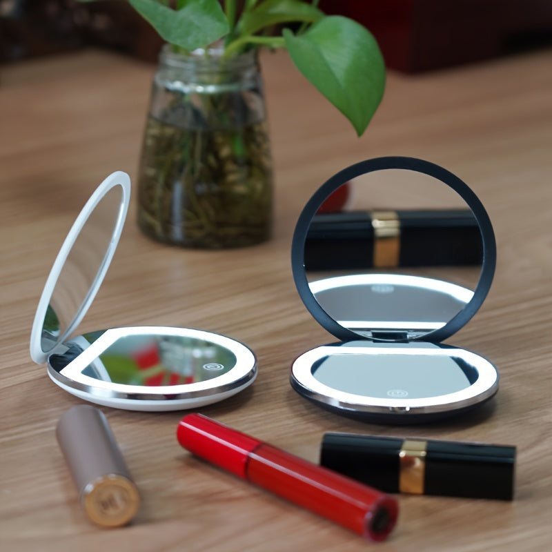 LED Travel Makeup Mirror - Lighted Double-Sided Compact with 2X & 5X Magnification, USB Rechargeable Foldable Handheld for Purse & Pocket