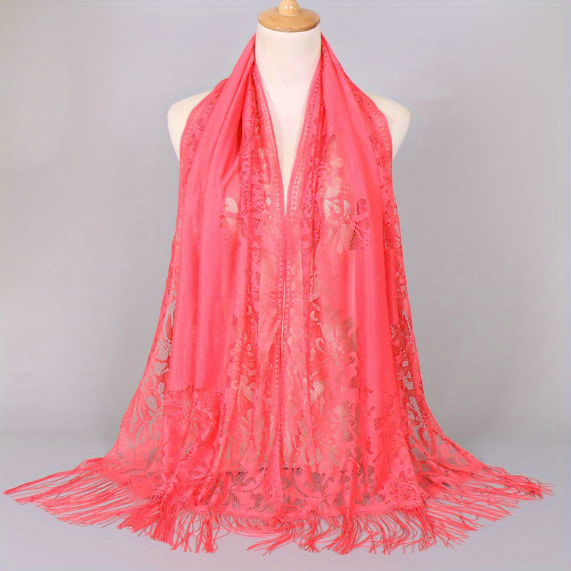 Floral Lace Tassel Scarf Shawl for Women - Bridal Mesh Fringe Wrap for Wedding & Evening