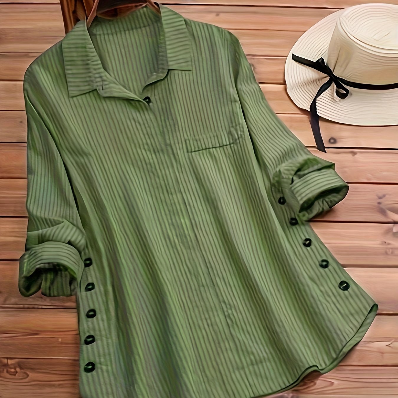 Women's Striped Boho Side-Button Blouse — Lapel Collar Roll-Up Sleeve Casual Shirt