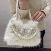 Rhinestone Embellished BRIDE Faux Fur Clutch - White Bridal Handbag with Secure Clasp
