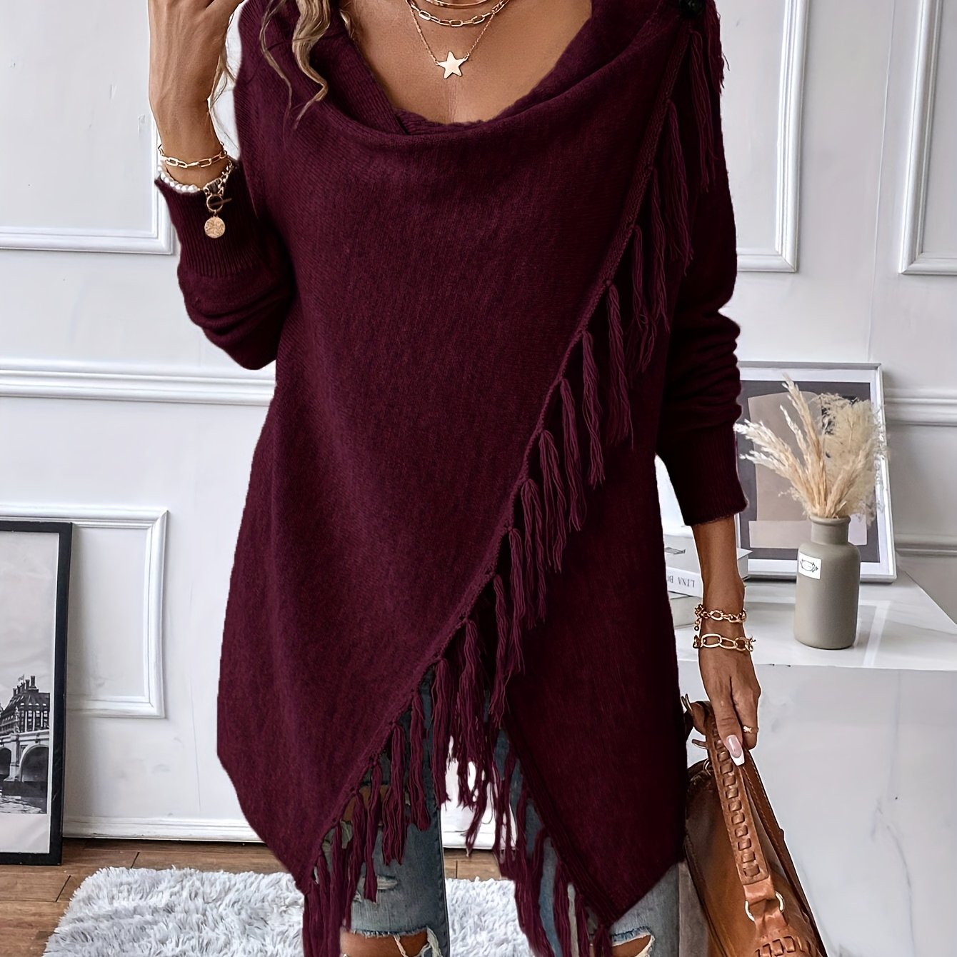 Women's Fringe Tassel Draped Neckline Shawl Wrap - Knit Polyester Fall/Winter