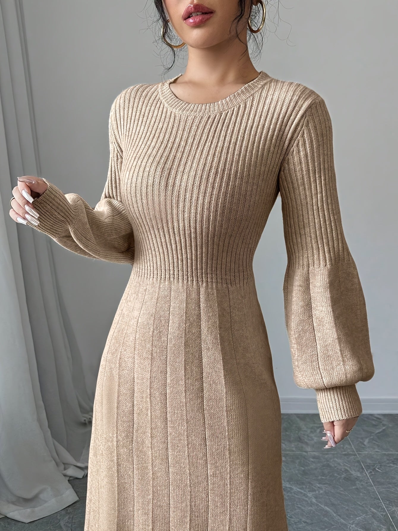 Beige Knit Sweater Dress with Lantern Sleeves, Long High-Neck Ribbed Fall Winter Dress for Women