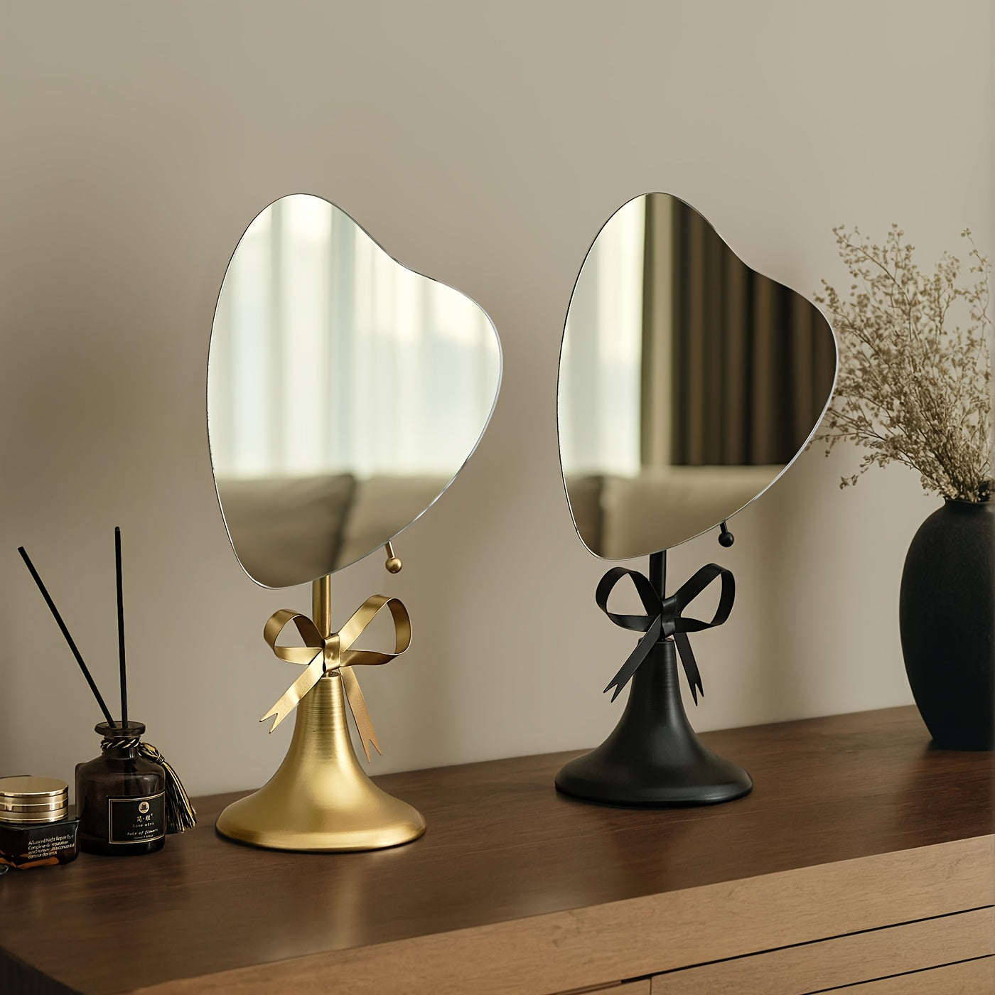 Adjustable Heart Base Makeup Mirror — Tabletop & Hanging Vanity Mirror, Portable No-Power Metal Mirror (Gold/Black)