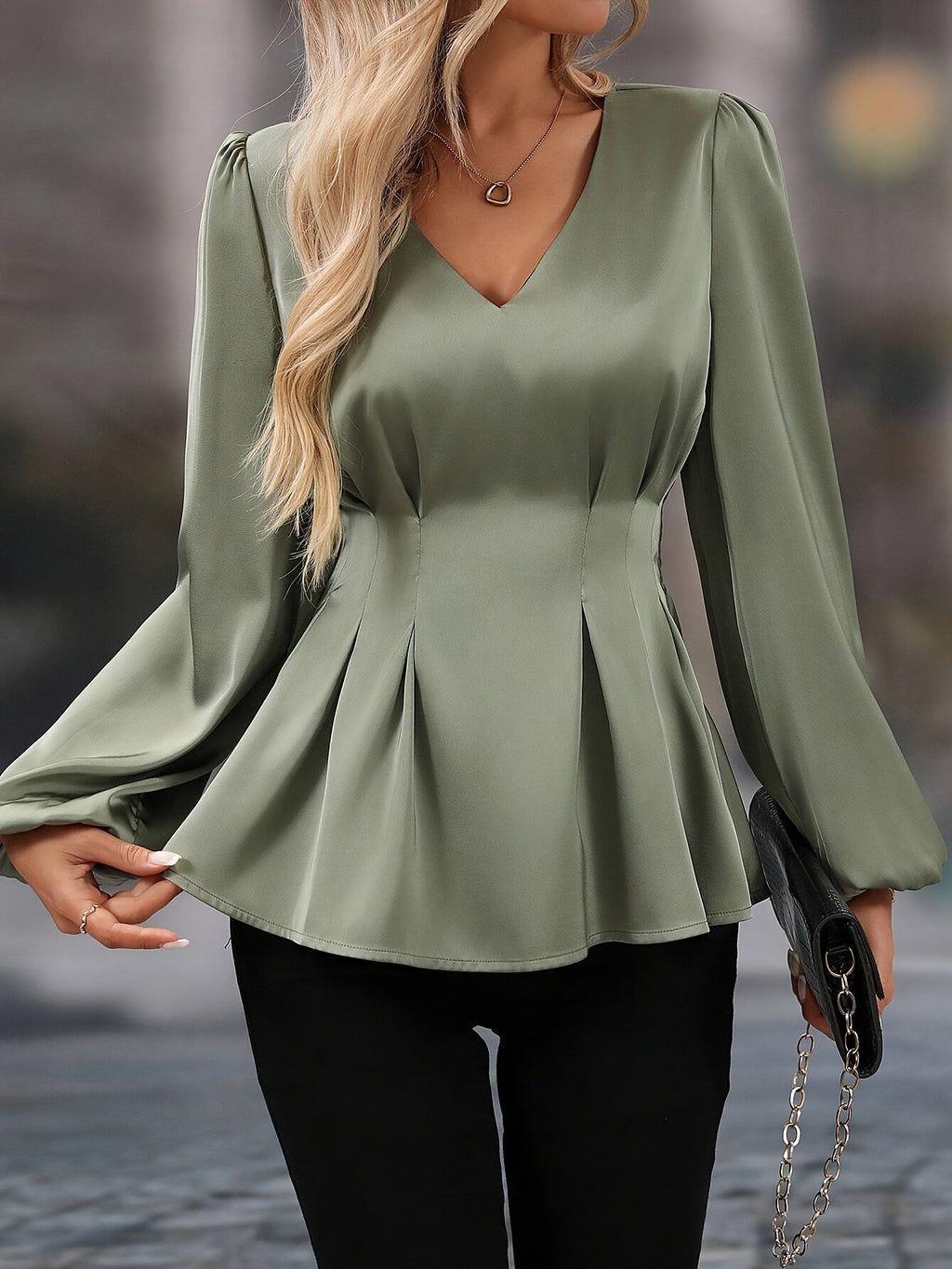 Women's Elegant V-Neck Long Sleeve Blouse – All-Season Office & Formal Shirt