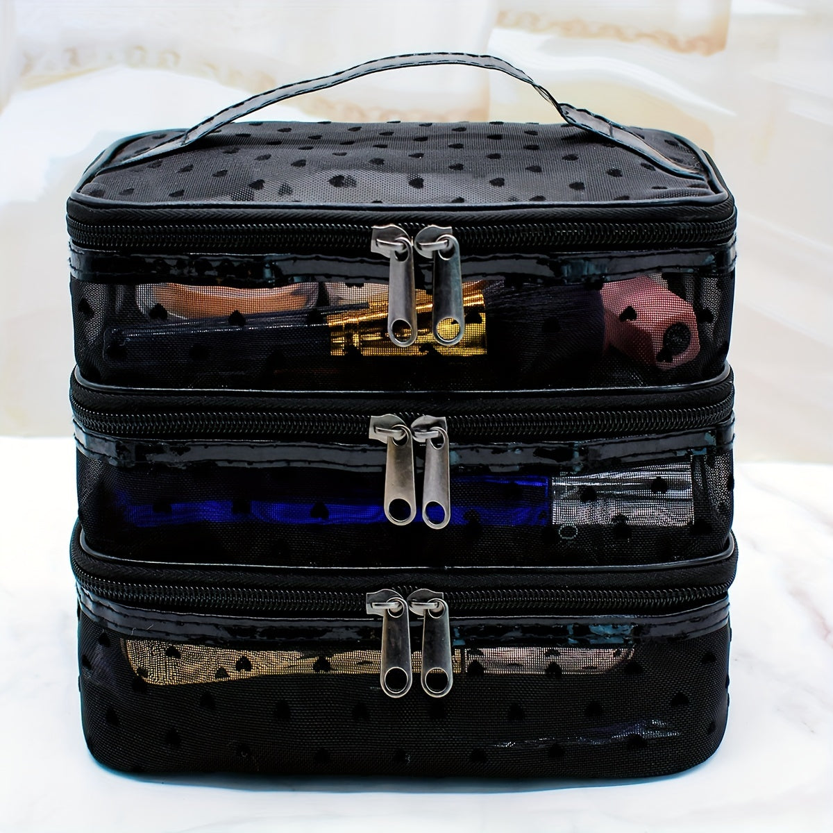 Large Capacity Nylon Multi-Layer Makeup Bag Organizer, Mesh Cosmetic Pouch for Travel & Home, Portable Unisex