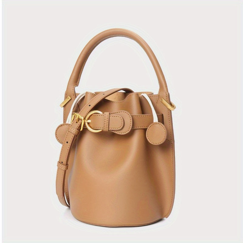 Genuine Leather Bucket Bag for Women - Convertible Handheld & Crossbody with Adjustable Strap, Drawstring Closure, Gold-Tone Hardware, Textured Luxury (Beige, Pink, Purple, Chocolate)