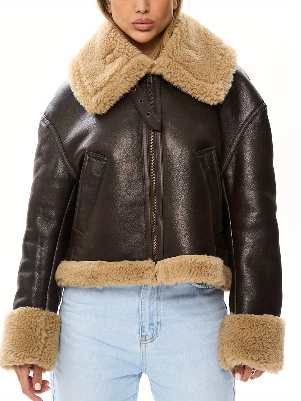 Women's Faux Leather Biker Jacket with Faux Fur Lining – Warm Winter Coat