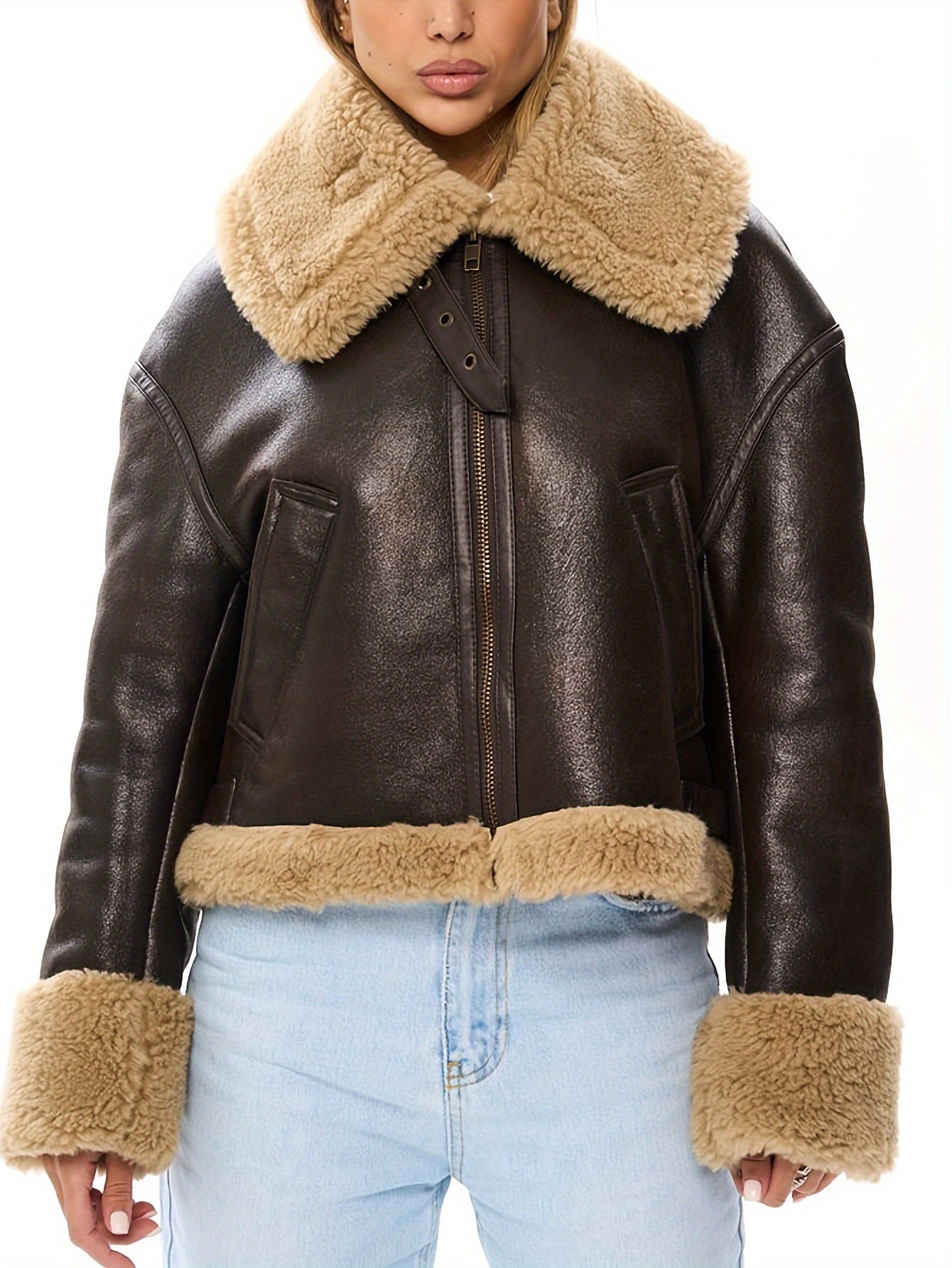 Women's Faux Leather Biker Jacket with Faux Fur Lining – Warm Winter Coat