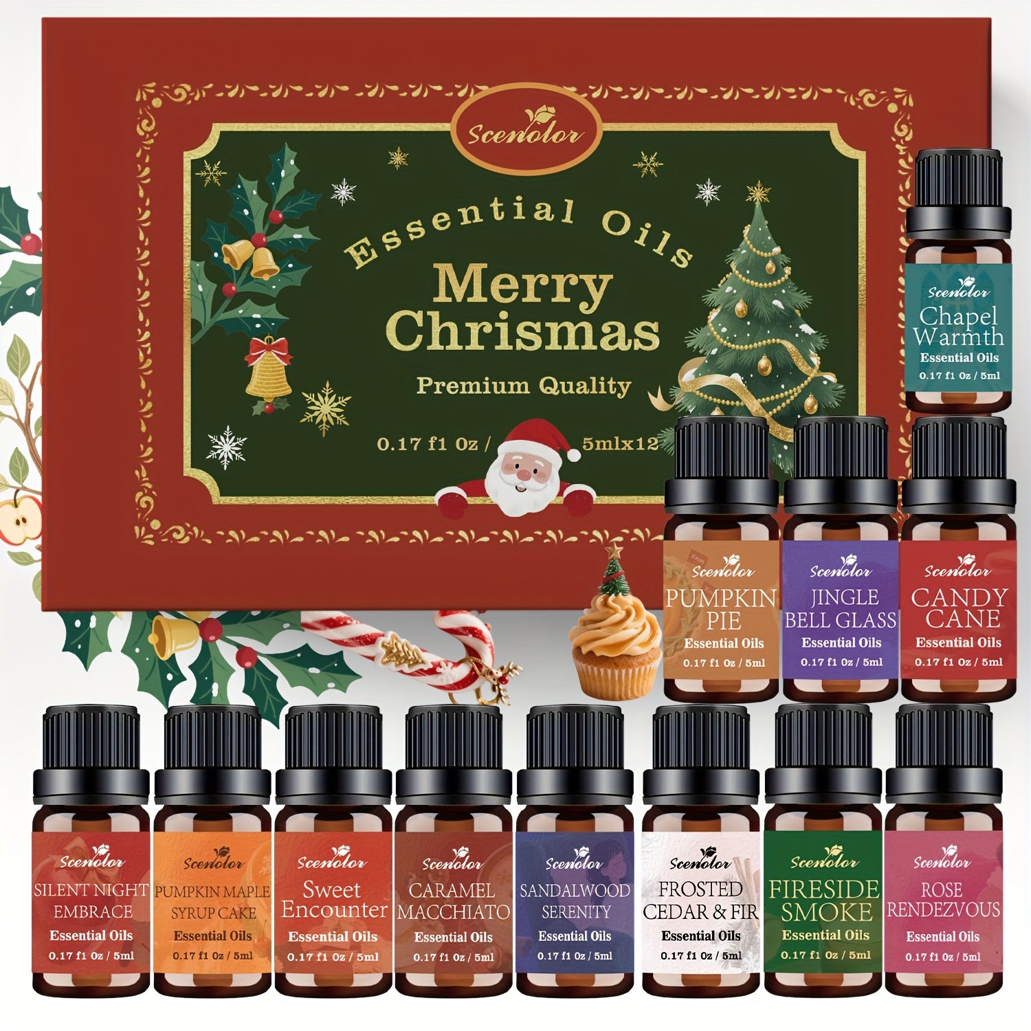 12-Pack Holiday Essential Oils Set 0.17 fl oz (5 ml) Bottles — Cinnamon, Gingerbread, Christmas Tree, Pumpkin Cake, Sandalwood, Fireside | Aromatherapy Oils for Diffusers, Humidifiers & Candle Making
