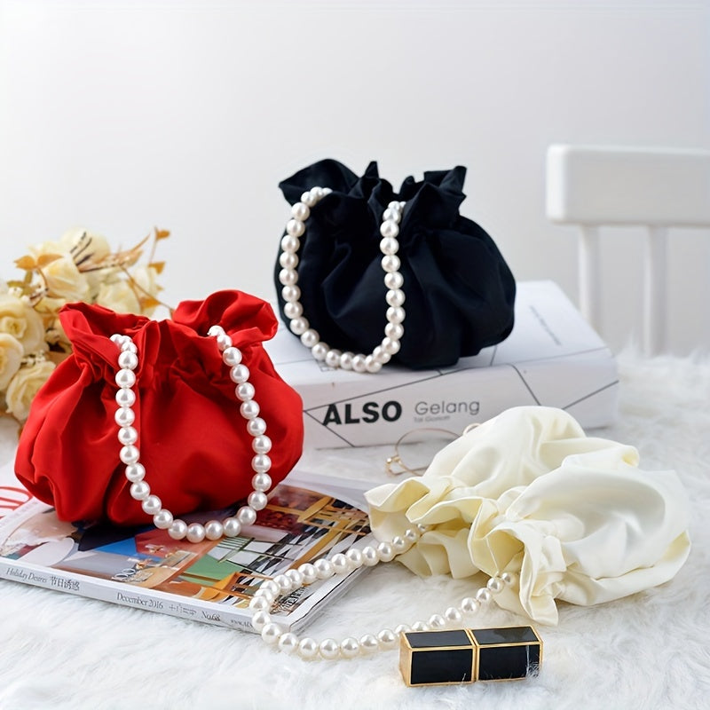 Mini Drawstring Bucket Bag with Pearl Decor – Women's Elegant Banquet Wristlet Handbag