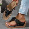 Women's Summer Wedge Sandals - Thick-Soled Platform Flip-Flops with Adjustable Back Strap and Retro Floral Accent