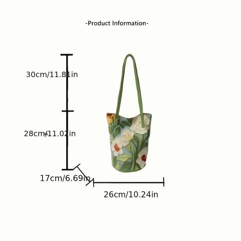 Women's Floral Bucket Handbag - Large Capacity Oxford Tote with Oil Painting Flower Design, Buckle Closure & Fixed Shoulder Strap (Black, Blue, Green)