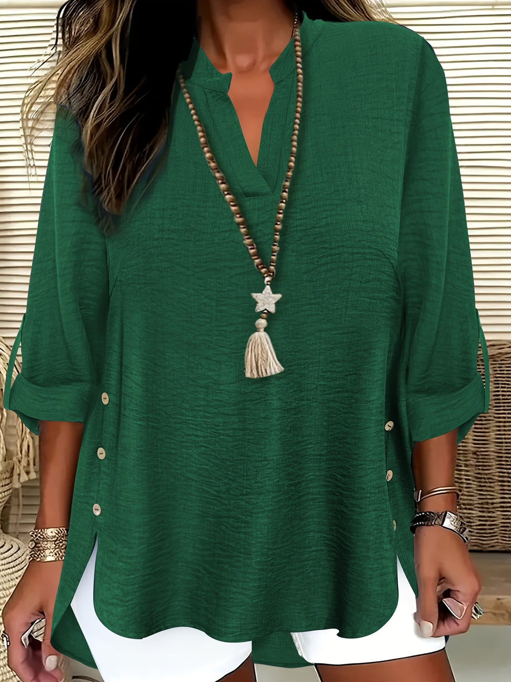 Plus Size Faux Denim Blouse with Decorative Buttons & Tassel Knot Front High-Low Hem Spring/Summer Polyester Blend