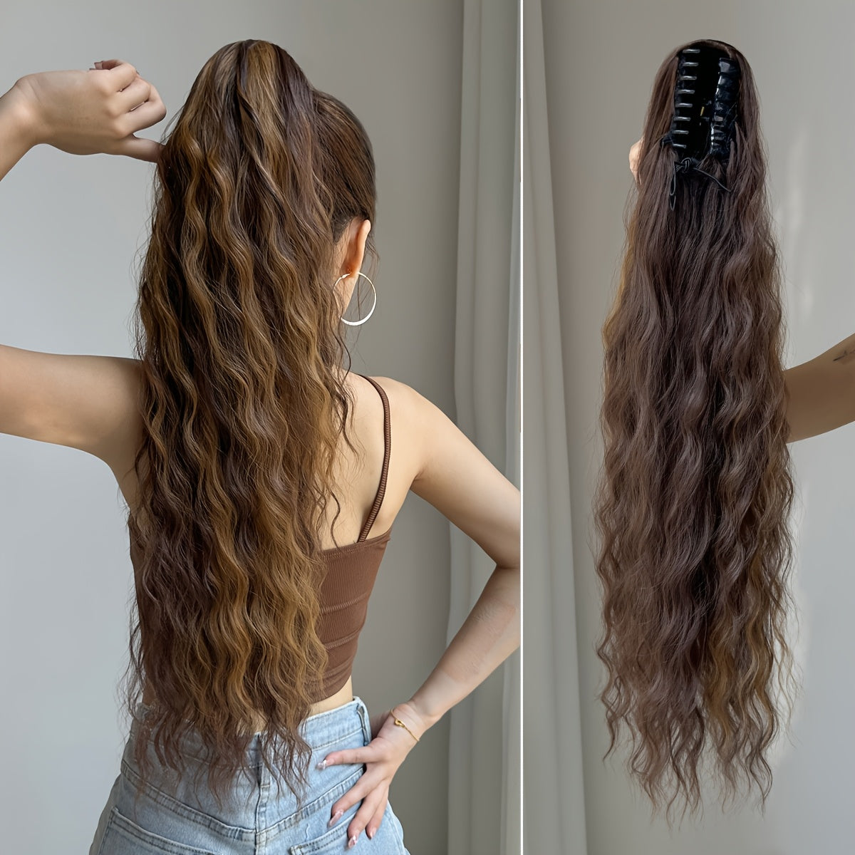 28-Inch (70 cm) Claw Ponytail Extension – Ombre Water Wave Heat-Resistant Synthetic Hair, Black to Dark Brown