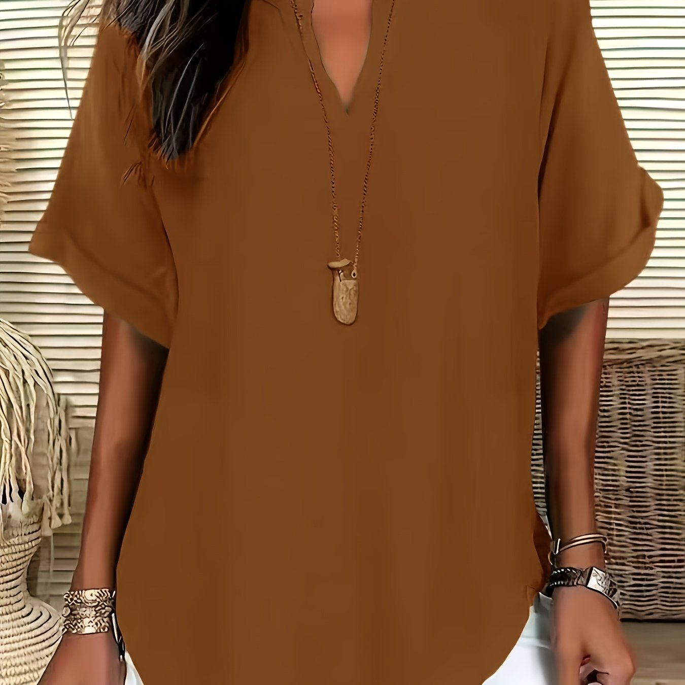 Plus Size V-Neck Blouse - Women's Short Sleeve Loose Batwing Top with Flared Hem, Stretchy Casual Shirt