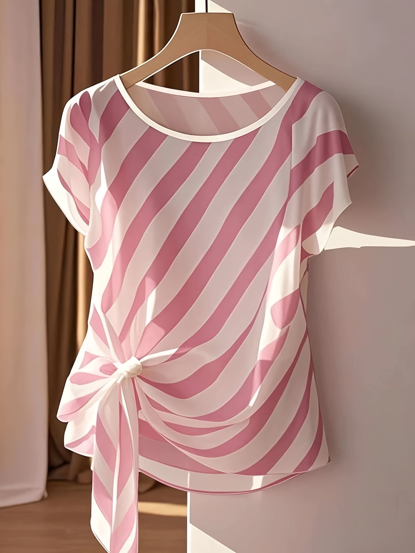 Women's French-Inspired Sleeveless Bow Blouse – Semi-Sheer Striped Crew-Neck Top for Spring, Summer & Fall