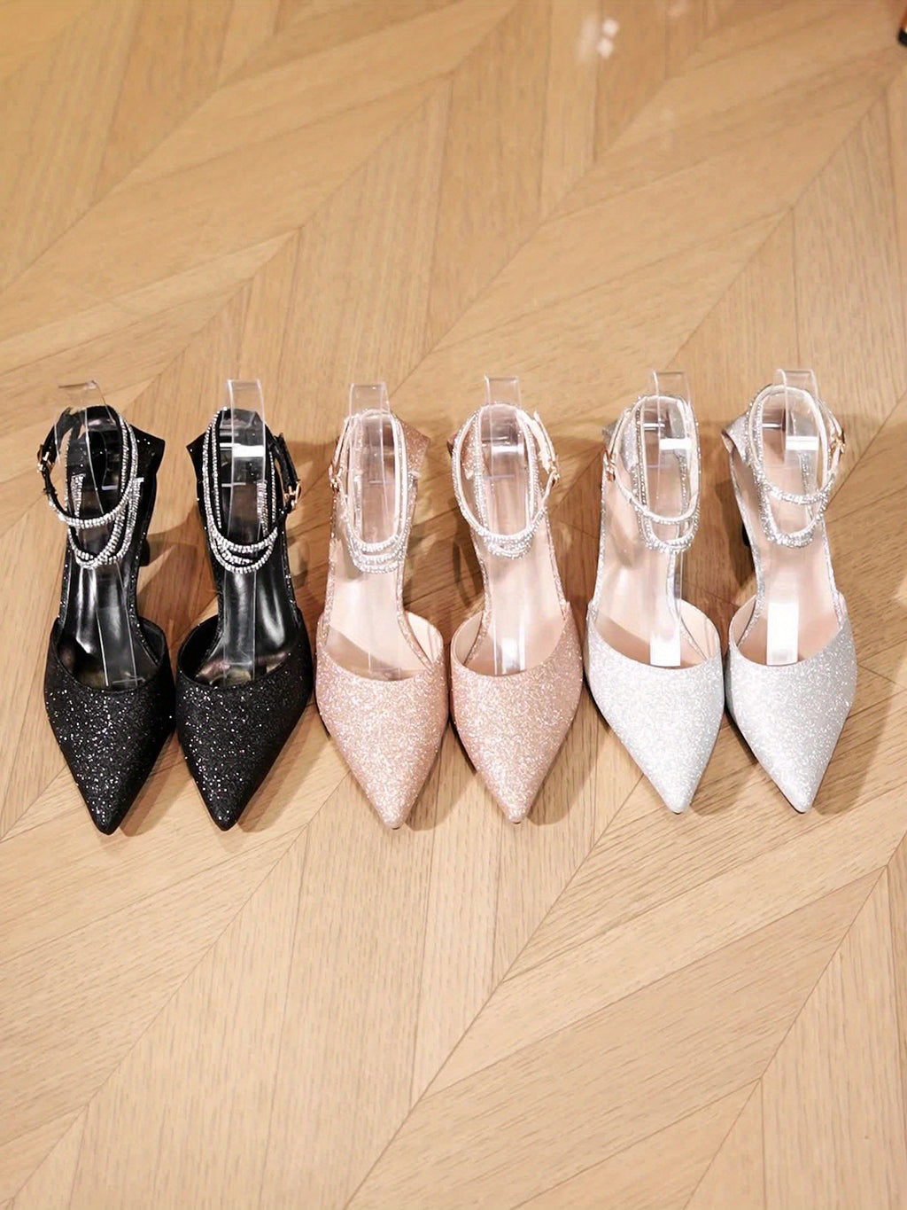 Women's Glitter Kitten Heel Sandals, Pointed Toe Ankle Strap with Adjustable Hook & Loop Closure for Weddings & Parties