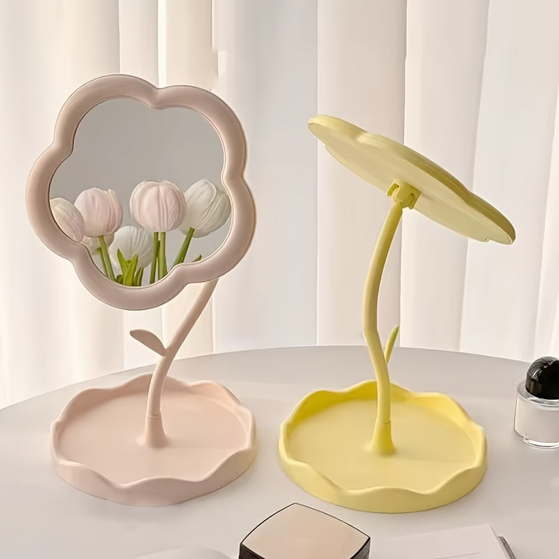 Floral Glass Makeup Vanity Mirror with Adjustable Stand & Tray — Portable Polished Plastic Frame for Dresser, Vanity, Bathroom