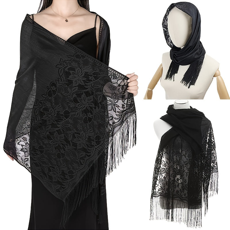 Lightweight Fringe Shawl Wrap for Women — Solid Floral Lace Evening Scarf for Weddings & Parties
