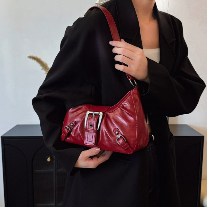 Maillard-Inspired Vintage Wasteland Baguette Shoulder Bag for Women – PU Leather, Metallic Hardware, Zipper Closure, Red/Black