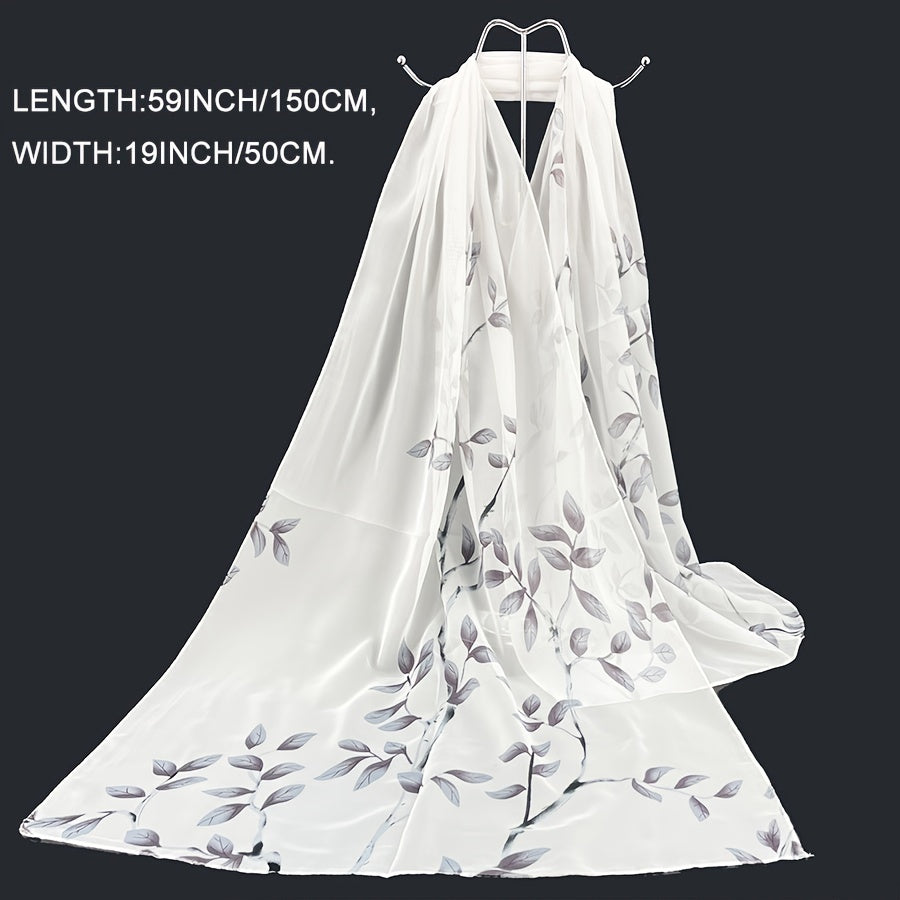 Sheer Bamboo Leaf Chiffon Shawl Scarf – Lilac & Green Lightweight Wrap for Beach, Wedding & Party, 59 x 19 in (150 x 50 cm)