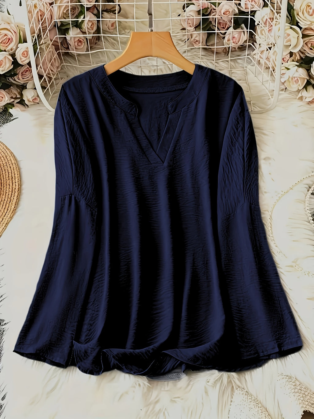 Women's Olive Green V-Neck Loose Fit Blouse - Long Sleeve Drop Shoulder Casual Polyester Top