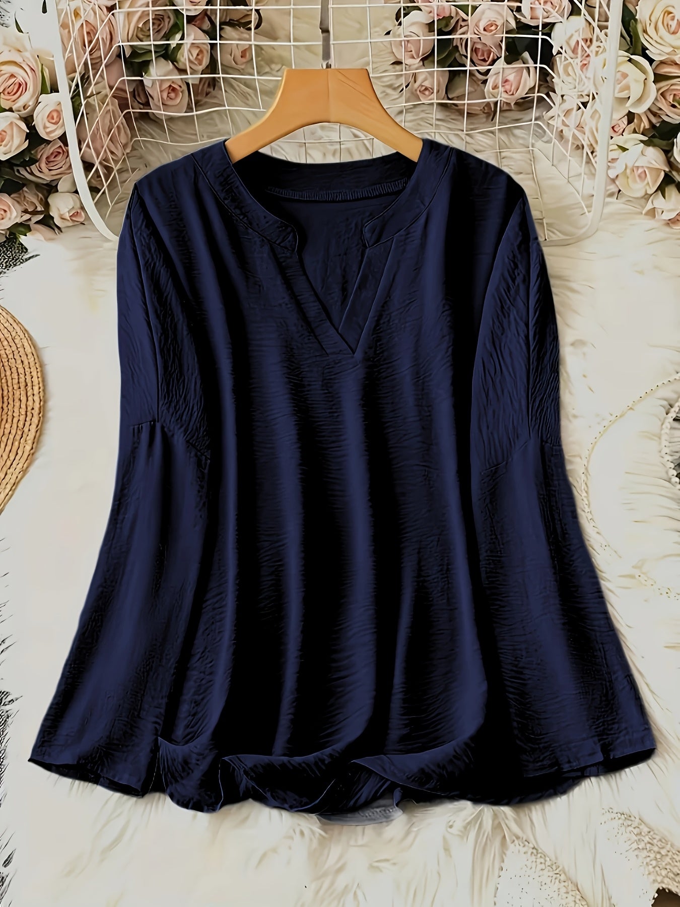 Women's Olive Green V-Neck Loose Fit Blouse - Long Sleeve Drop Shoulder Casual Polyester Top