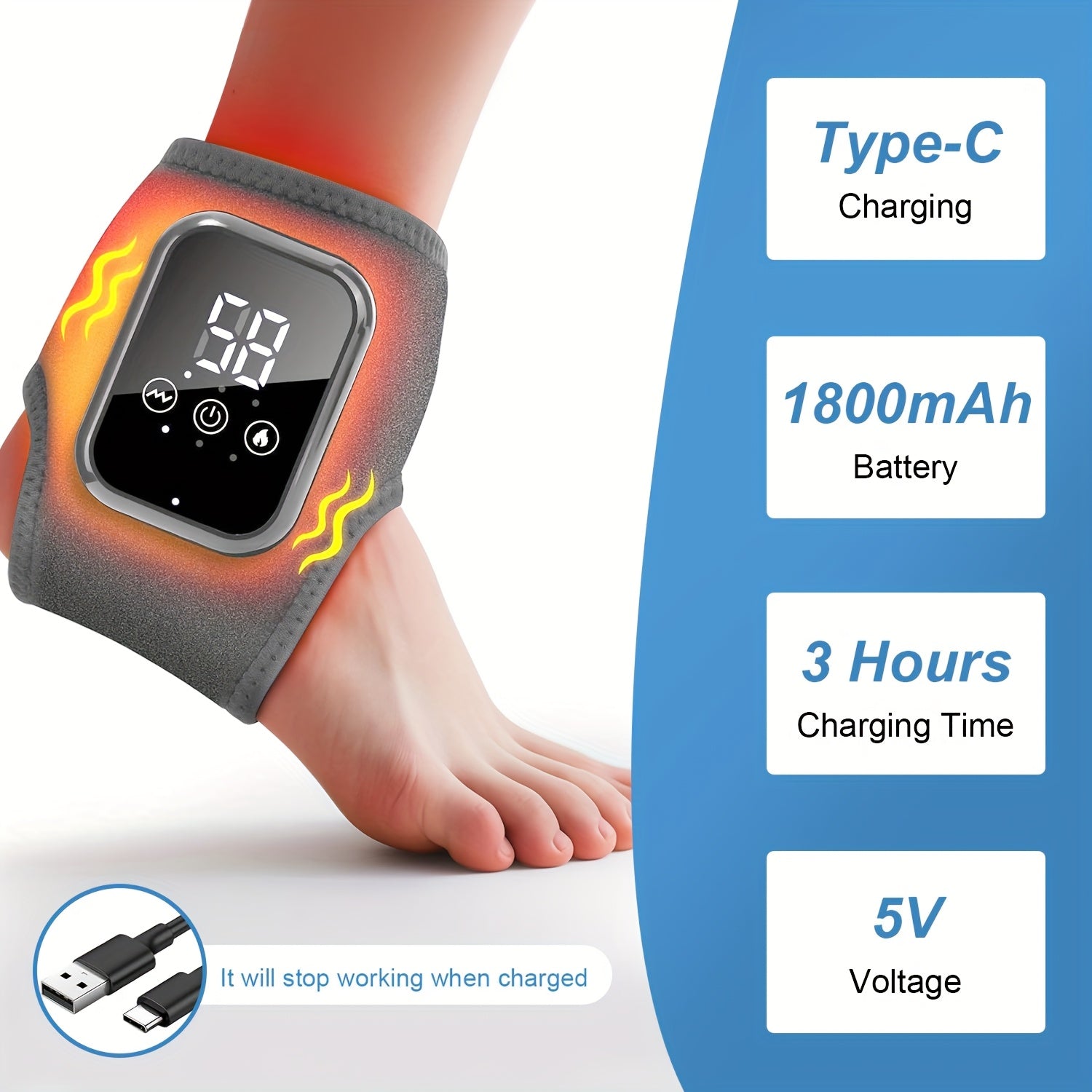 Wireless Heated Foot & Ankle Massager — 3 Vibration & 3 Heat Modes, USB Rechargeable, LCD Display, Portable