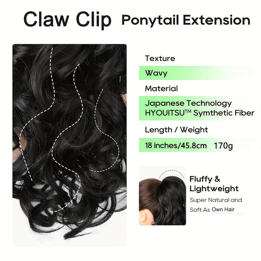 18-Inch (45 cm) Wavy Curly Claw Clip-In Ponytail Extension - Heat-Resistant Synthetic Hairpiece for Women, Clip-On Layered Ponytail for Daily & Party Wear