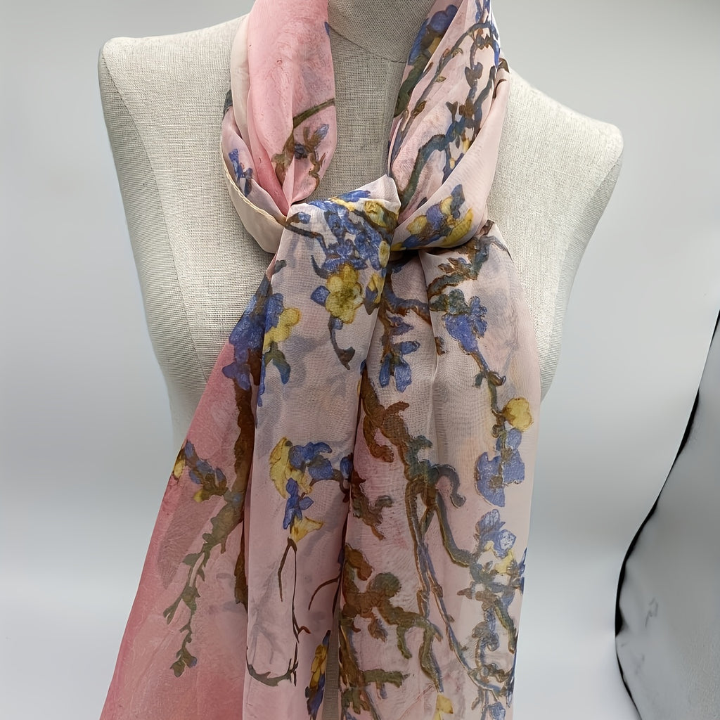 Boho Plum Floral Chiffon Scarf - Lightweight Sun-Protective Shawl & Beach Wrap