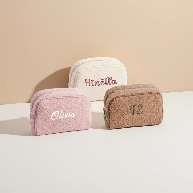 Personalized Embroidered Fuzzy Quilted Cosmetic Bag - Custom Makeup Pouch with Zipper & Shoulder Strap for Women