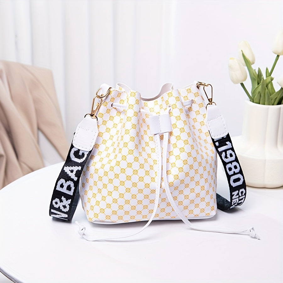 Women's PU Bucket Bag - Large Capacity Drawstring Crossbody & Shoulder Bag with Geometric Print