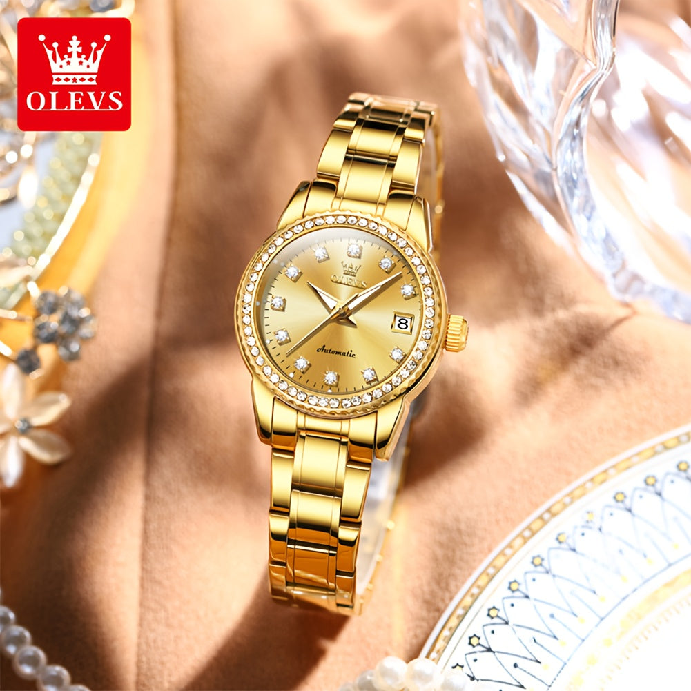 OLEVS Women's Automatic Mechanical Watch – Stainless Steel Bracelet, Luminous Dial & Date Window, Polished Formal Timepiece