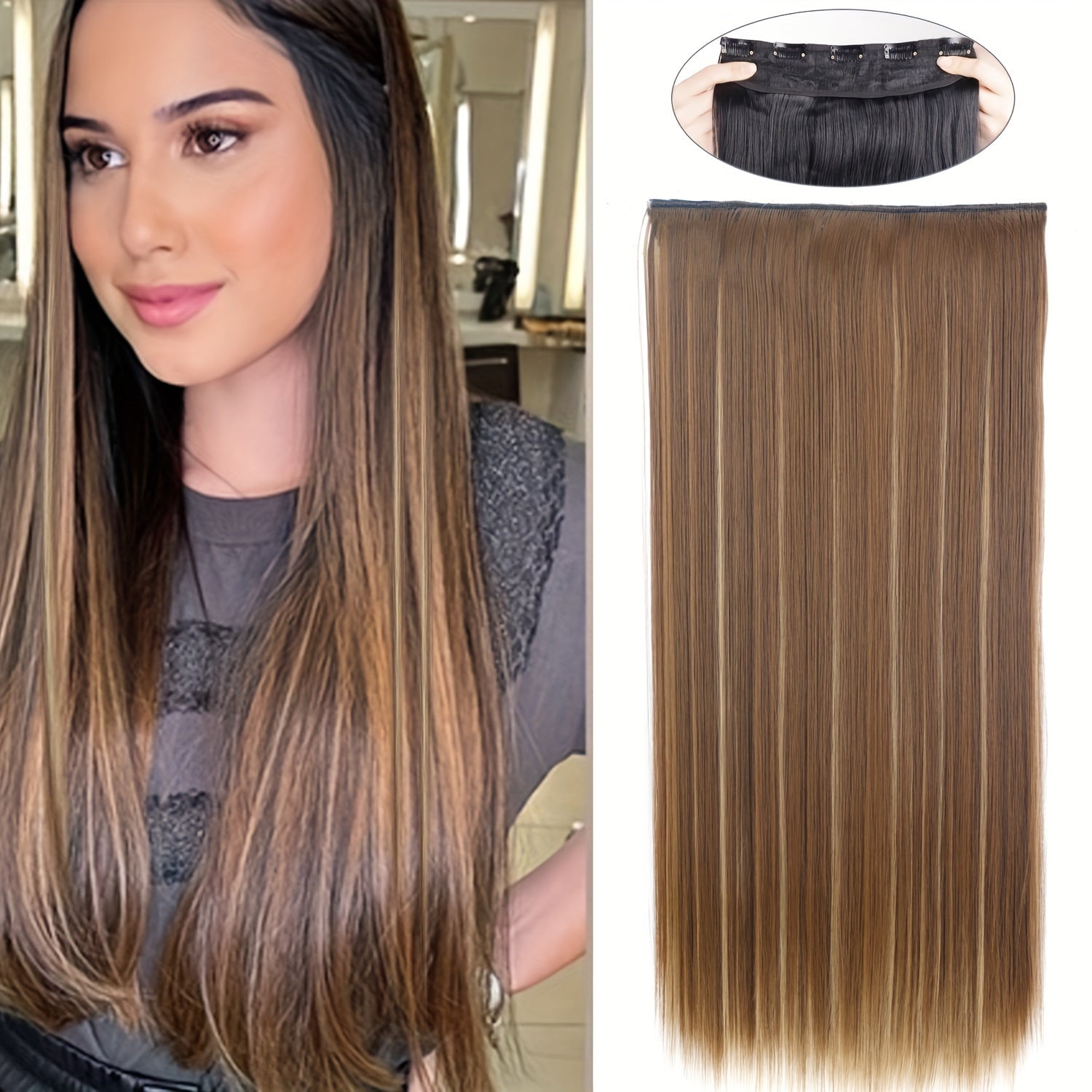 Long Straight Clip-In Hair Extension for Women – One-Piece Synthetic Ponytail Hairpiece, Seamless Natural-Looking Claw Clip