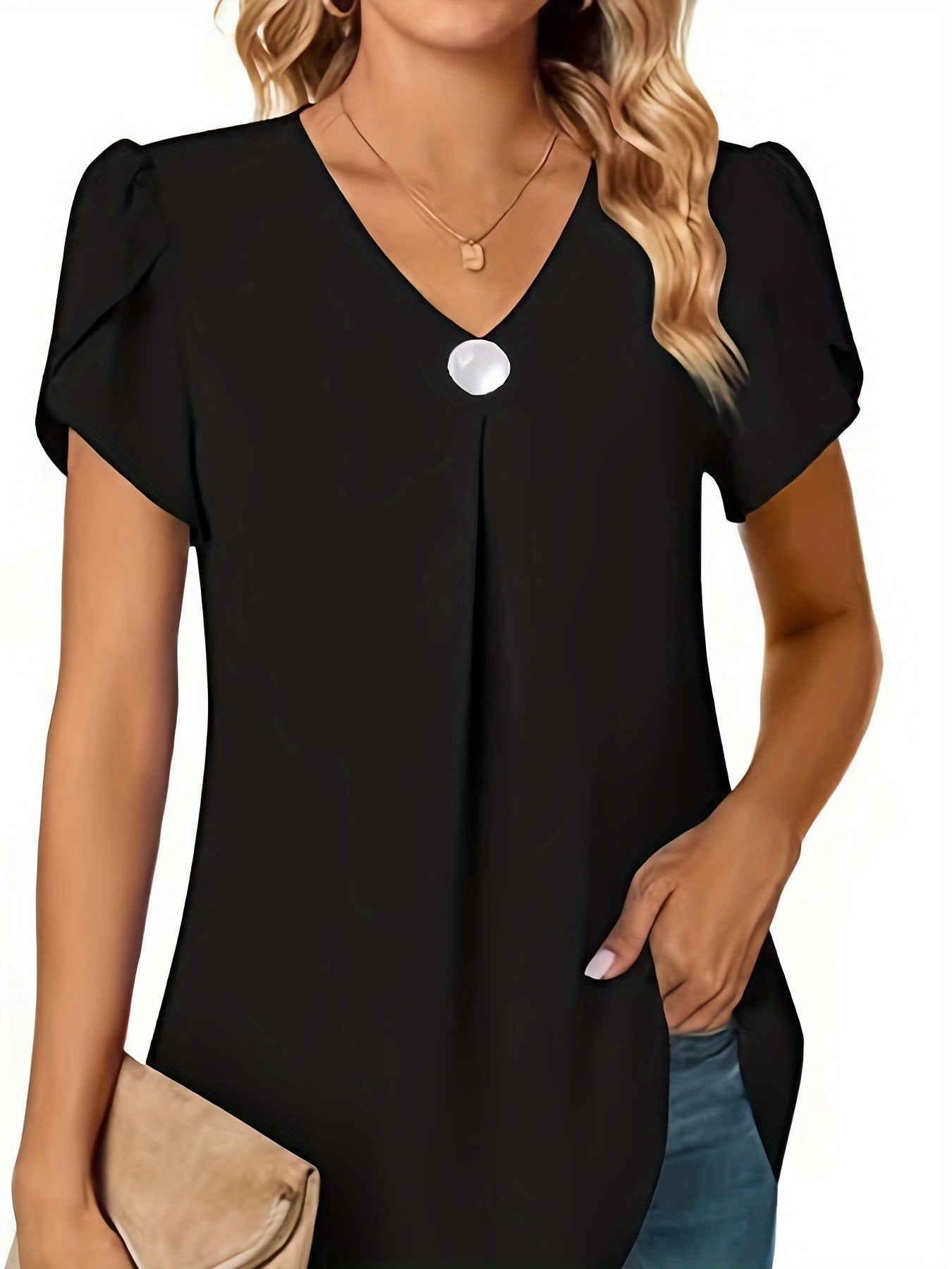 Women's Black Chiffon V-Neck Peplum Blouse with Ruffle Short Sleeves — Lightweight Polyester Summer Top