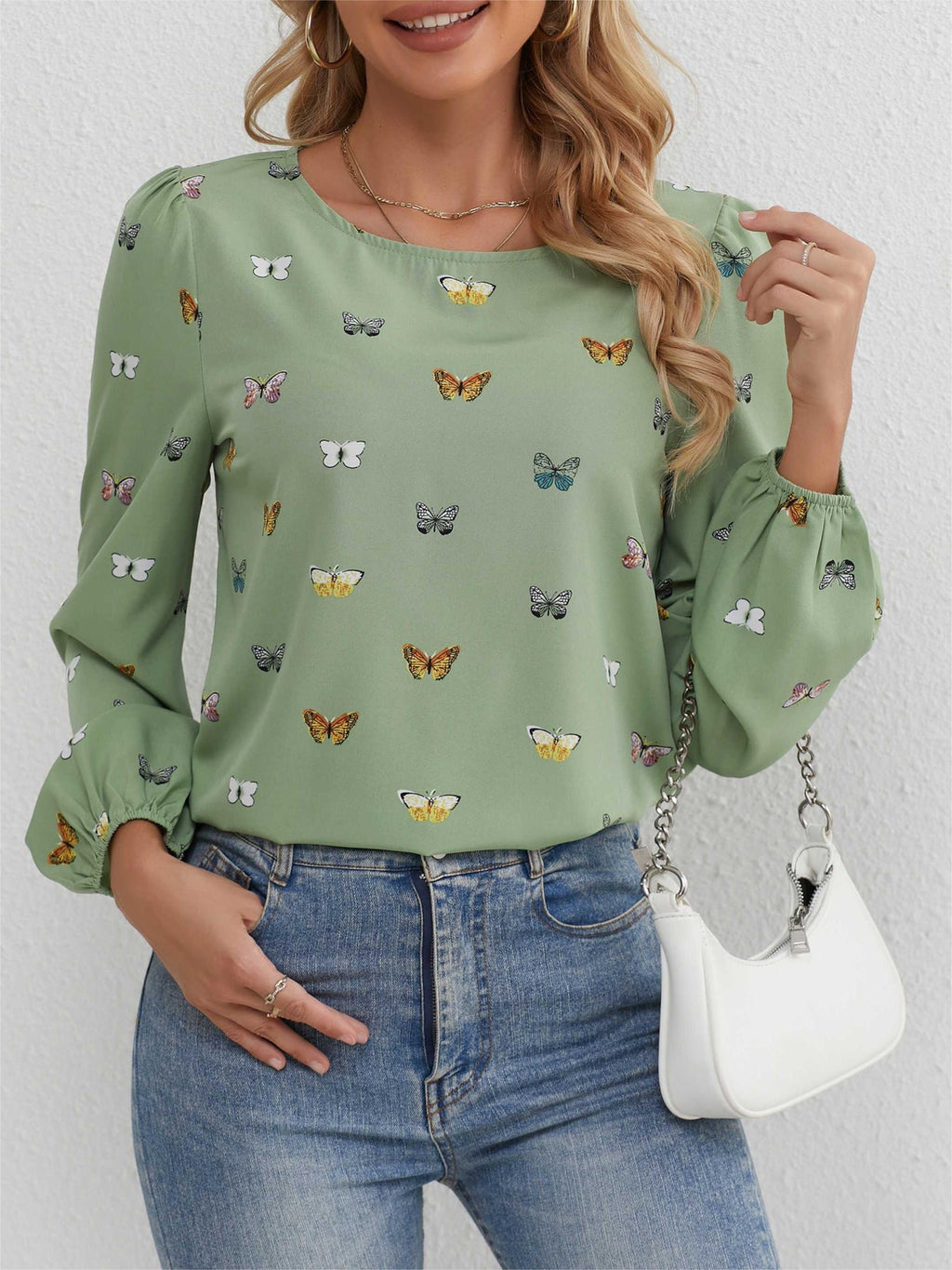 Women's Light Green Butterfly Print Blouse Long Sleeve Ruffle Crew Neck Top for Spring Summer Fall